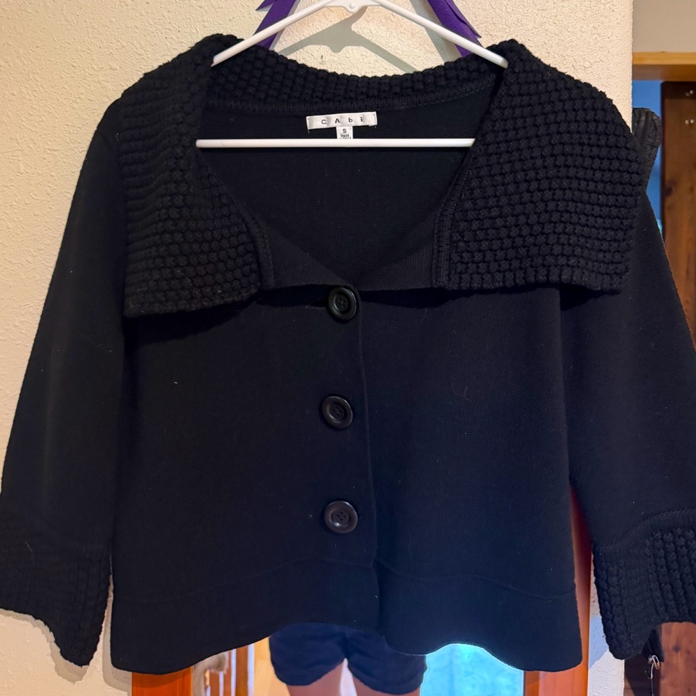 Black Button-Up Cabi Sweater with Textured Collar
